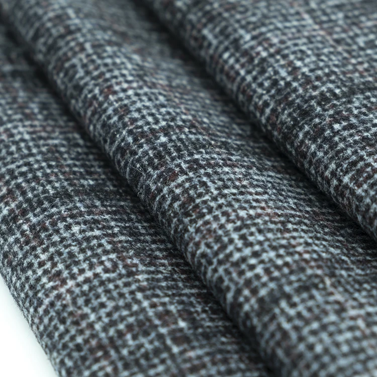 
Small MOQ 40% wool 50% polyester blend circle yarn dyed checked wool plaid tweed sheep woollen fabric 