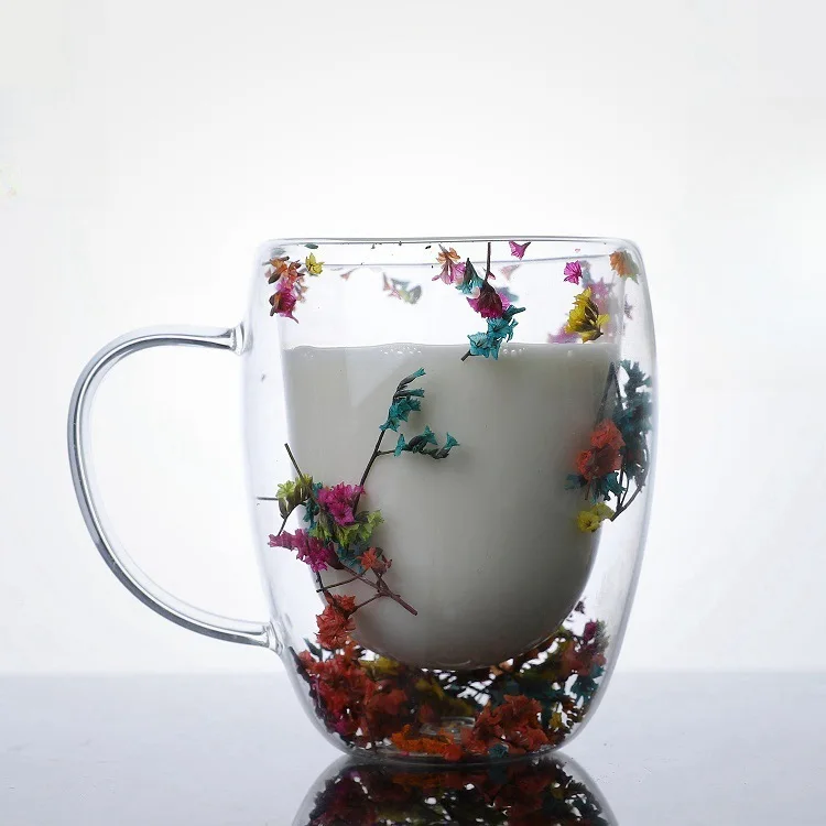 YML factory wholesale Creative home milk glass cup  dry real flower double layer coffee cup  heat resistant glass with handle