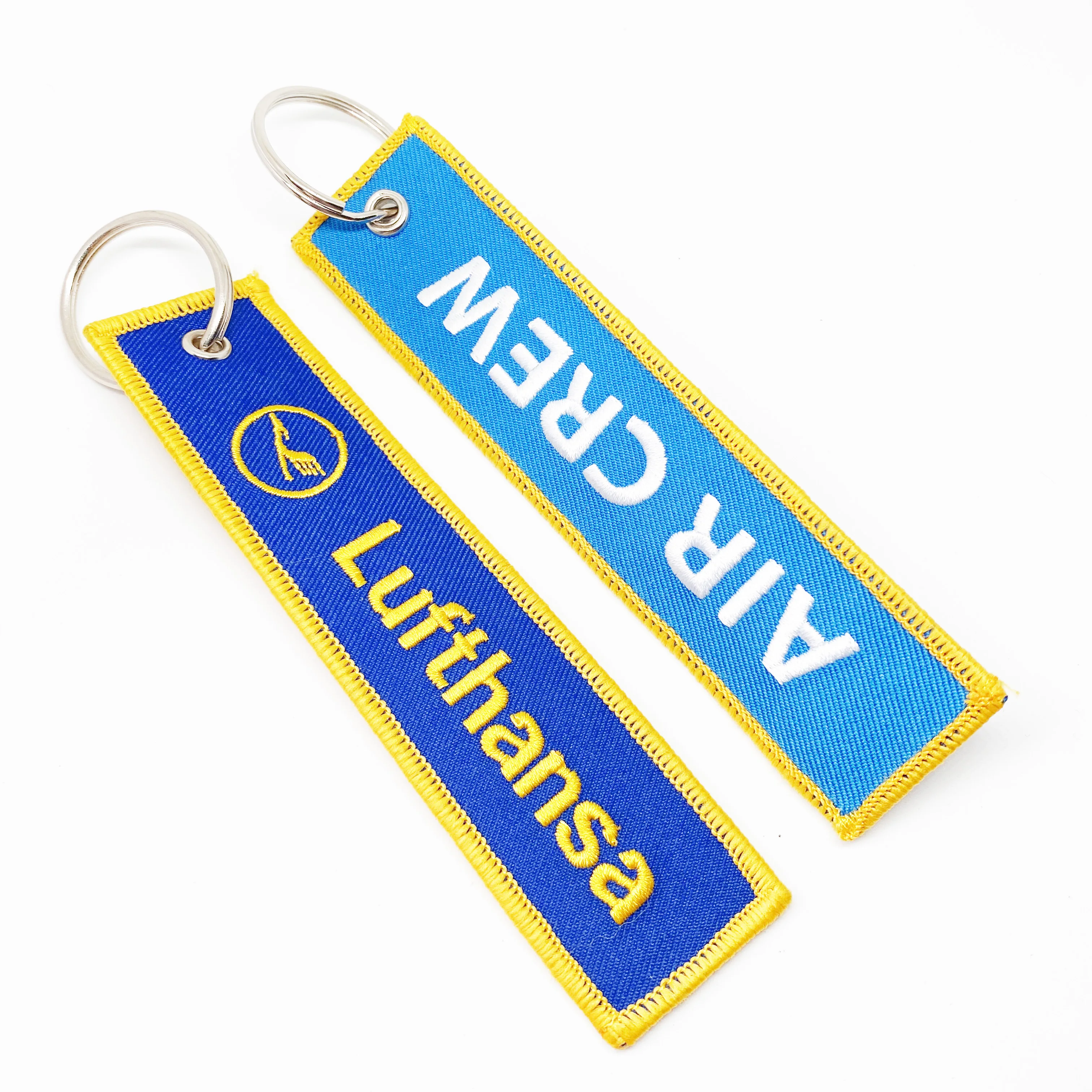Wholesale Cheap Custom Double Side Different Logo Flight Key Tags Fabric Car Jet Tag Woven Embroidery Keychain