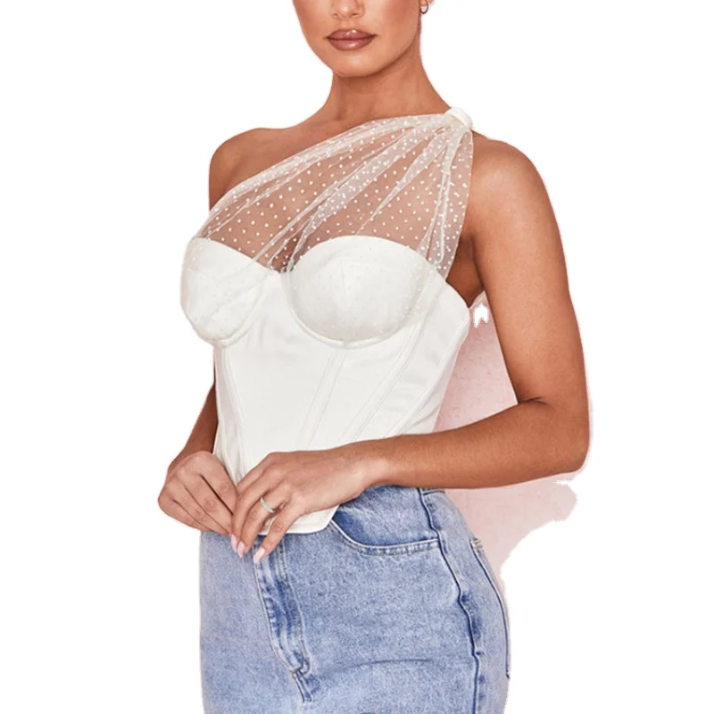 
Ladies Lace TMesh polka dot Draped Tulle Backless One Shoulder Corset Top White Boning Cropped Blouse Summer Woman Shirts Blouse 