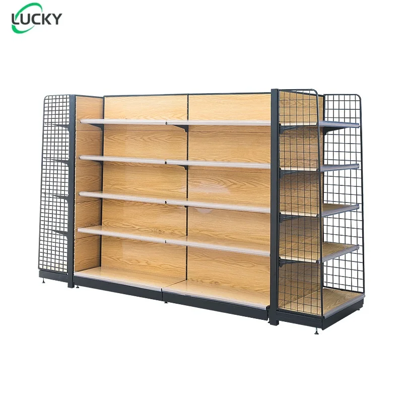 Leke supermarket single sided wood grain shelf five layer convenience store snack multi size storage rack 120,130/160 height
