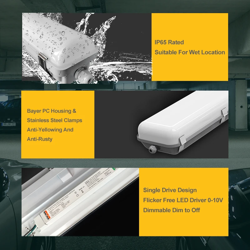 Dimmable Tri-proof Fixture Linear Lights Outdoor Vapor Tight Lamp with Motion Sensor Emergency