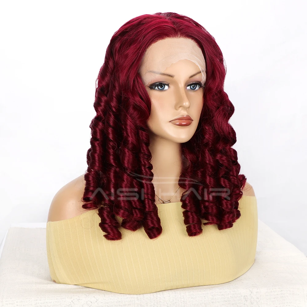 Middle Length Synthetic Burgundy Red Curly Wig for Women Glueless Afro Bouncy Curly Heat Resistant Synthetic Hair Lace Front Wig