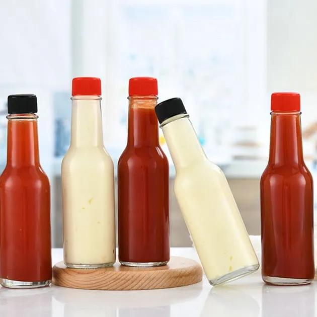 Empty hot sauce glass bottle 5oz 150ml 250ml clear salad dressing bottle glass for Ketchup Chilli Hot Sauce with plastic cap