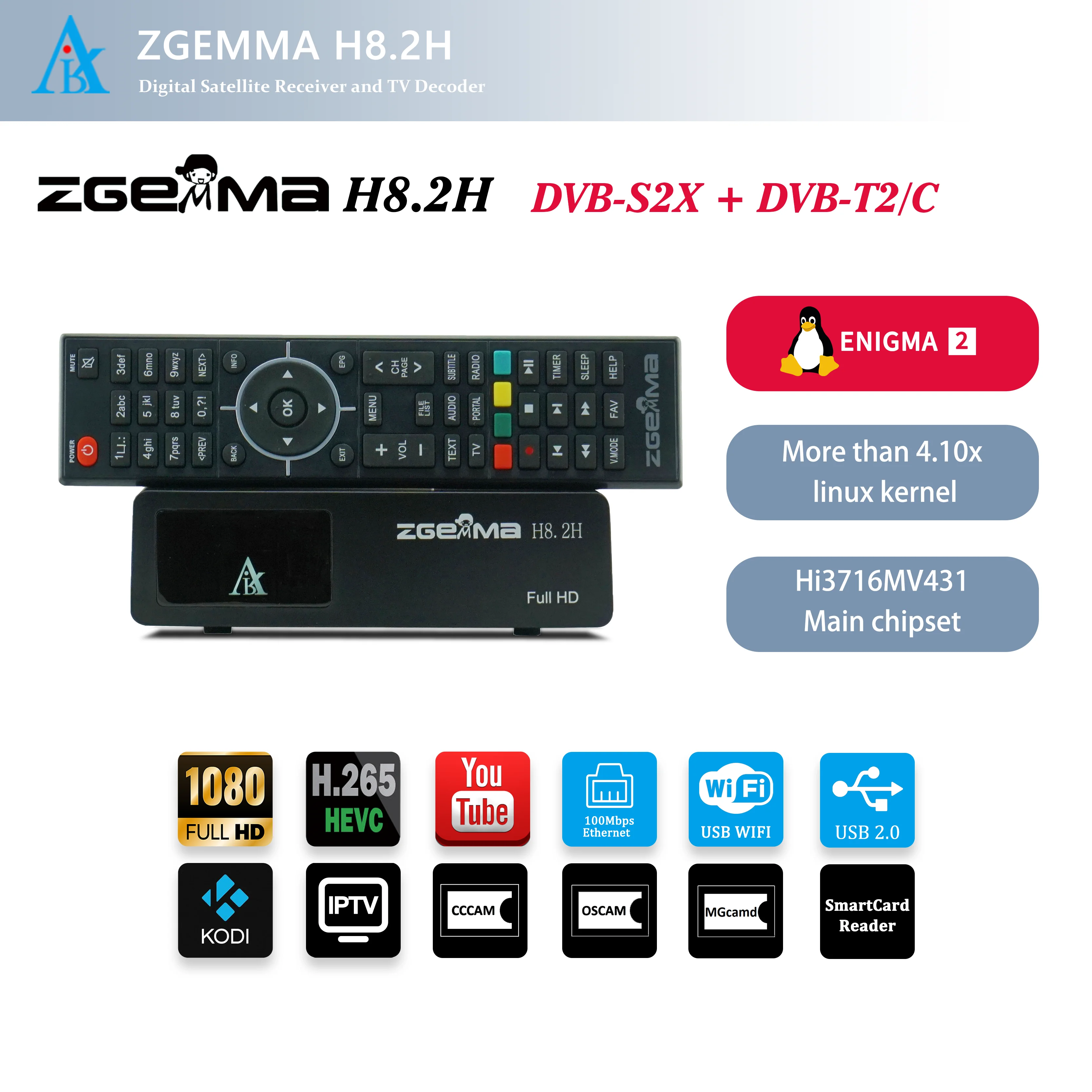 Satellite TV Receiver Enigma2 Linux OS DVB S2X+DVB T2/C H.265 Video Encoding  SmartCard reader ZGEMMA H8.2H