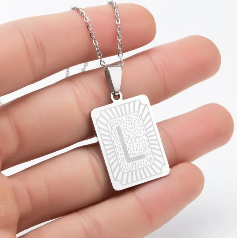 Hip Hops Gold Plated Square Tags 26 Alphabet Pendant Necklace Stainless Steel Punk Capital Letter Necklace