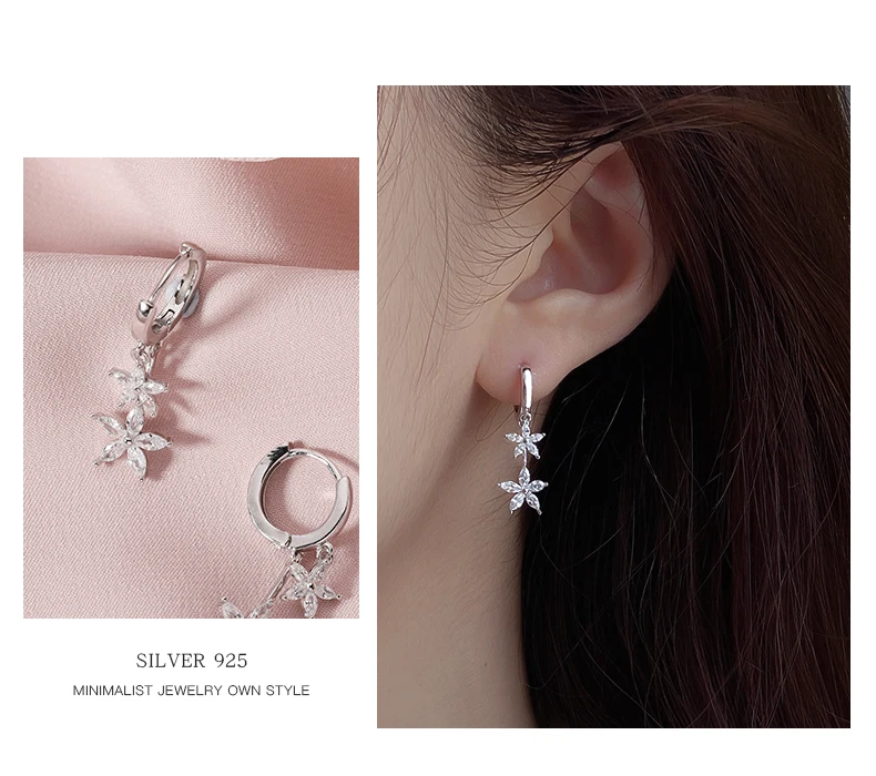 100% Real S925 Sterling Silver Dangle Drop Hoop Earrings Luxury Cubic Zirconia Flower Shape Pendant Hoops Piercing Earrings