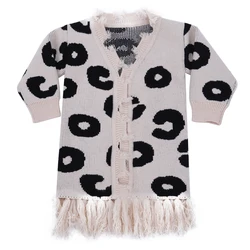Новое поступление, свитер для девочек, Детский кардиган с длинным рукавом, с леопардовым принтом и кисточками