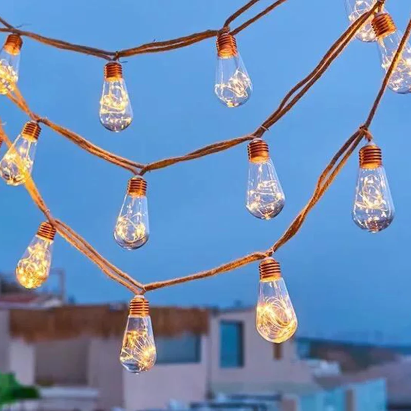 Outdoor Waterproof Warm White Full Star Copper Wire String Lights Solar Powered Patio Restaurant Bar Hemp Rope Elegant Style