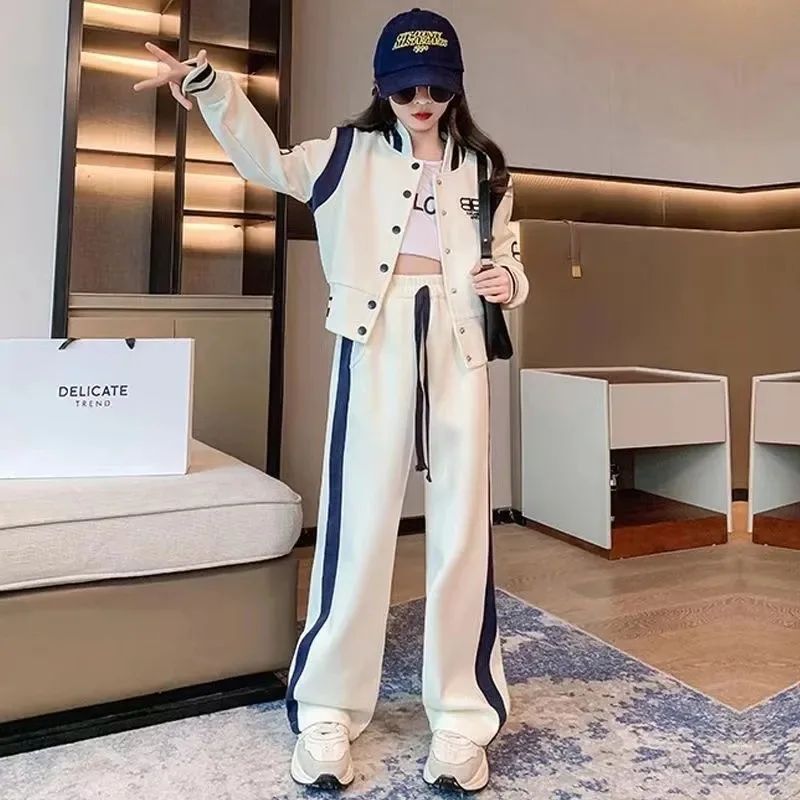 Spring Autumn  New Fashionable Trend Loose Style Sports Sets Youth Teeange Kids Boutique Clothes Girls Baseball Jacket Suits