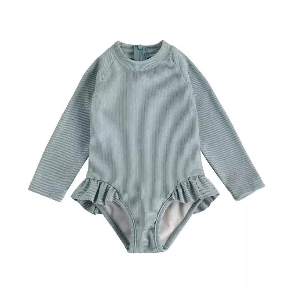 Kids Baby Girl One Piece Swimsuit Long Sleeve Round Neck Back Zipper Monokini Children Swimwear Ruffles Ribbed Bathing Suit