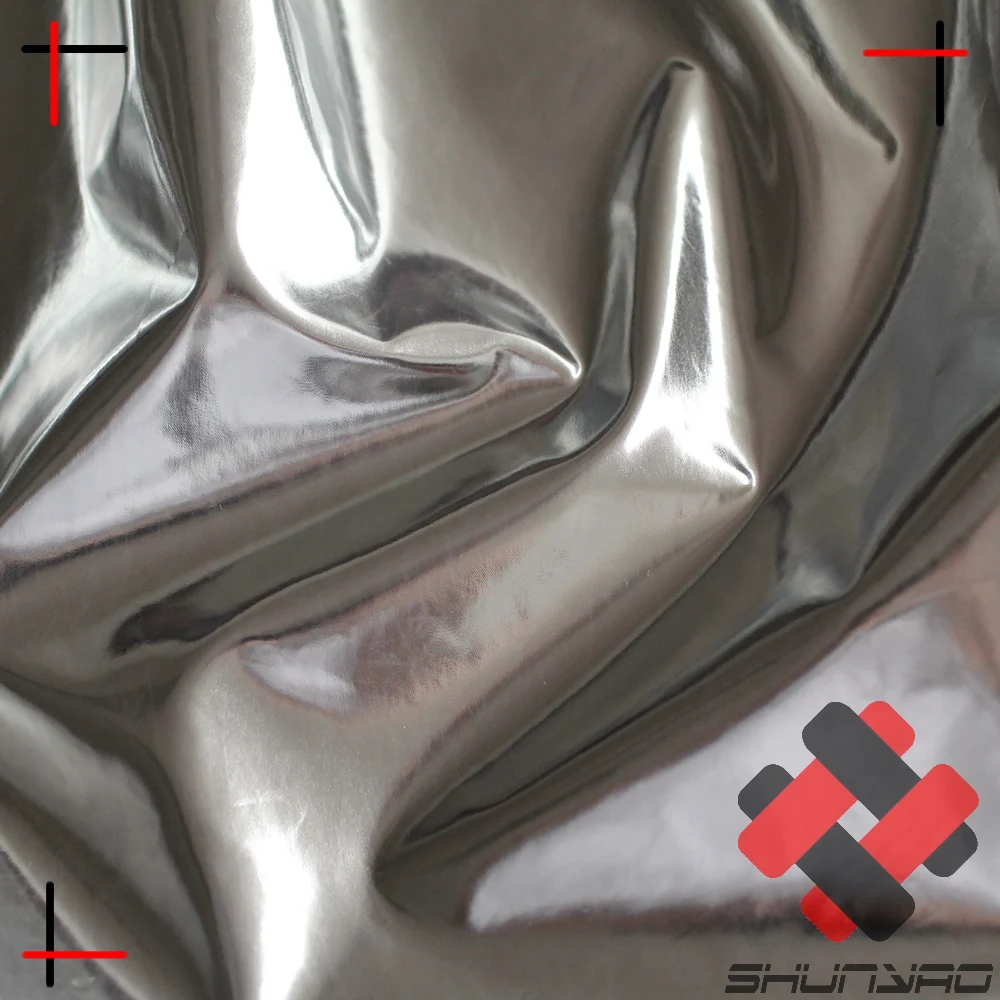 100% polyester foil coated shiny silver glitter fabric