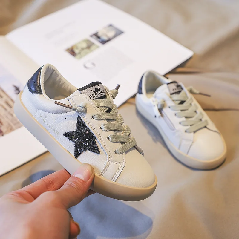 Детская обувь с грязными звездами, обувь для мальчиков и девочек, кожаная обувь, весенние новые белые кроссовки на мягкой подошве