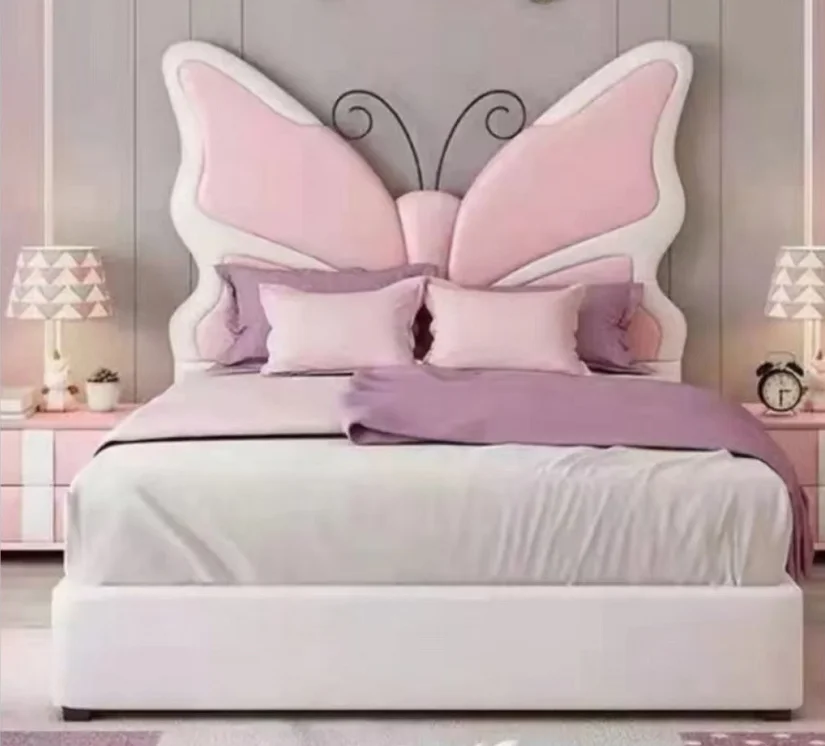 Hot modern luxury pink color style children fabric girls bed for kids