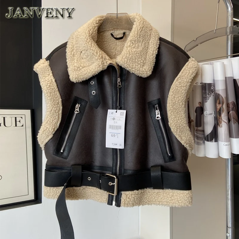 JANVENY 2024 New Winter Autumn Faux Shearling Short Waistcoat Women Lapel Collar Solid Zipper Brown Cropped Sleeveless Vest