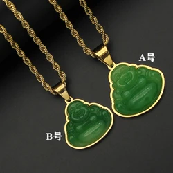 Emerald Stainless Steel Gold Jade Buddha Pendant Necklace Jewelry