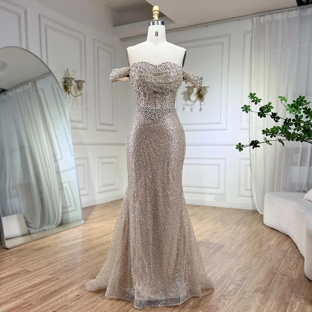 Serene Hill Dubai Arabia Nude Elegant Mermaid Evening Dresses Gowns Luxury Pearls Beaded 2024 For Women Wedding Party LA72270