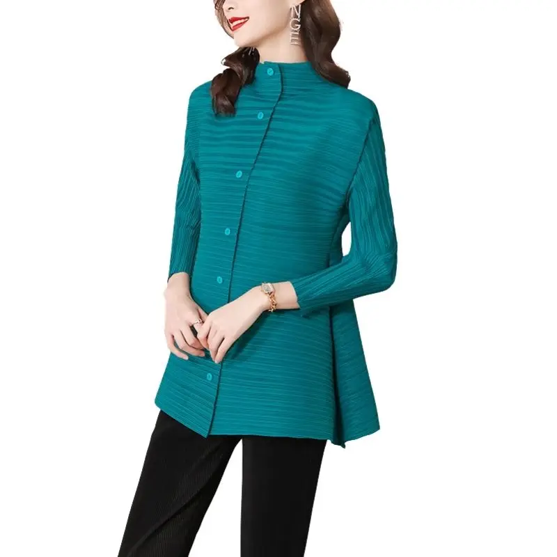 2022 New  Spring long sleeve Pullover T-shirt Loose elastic pleated short Cardigan miyake women top