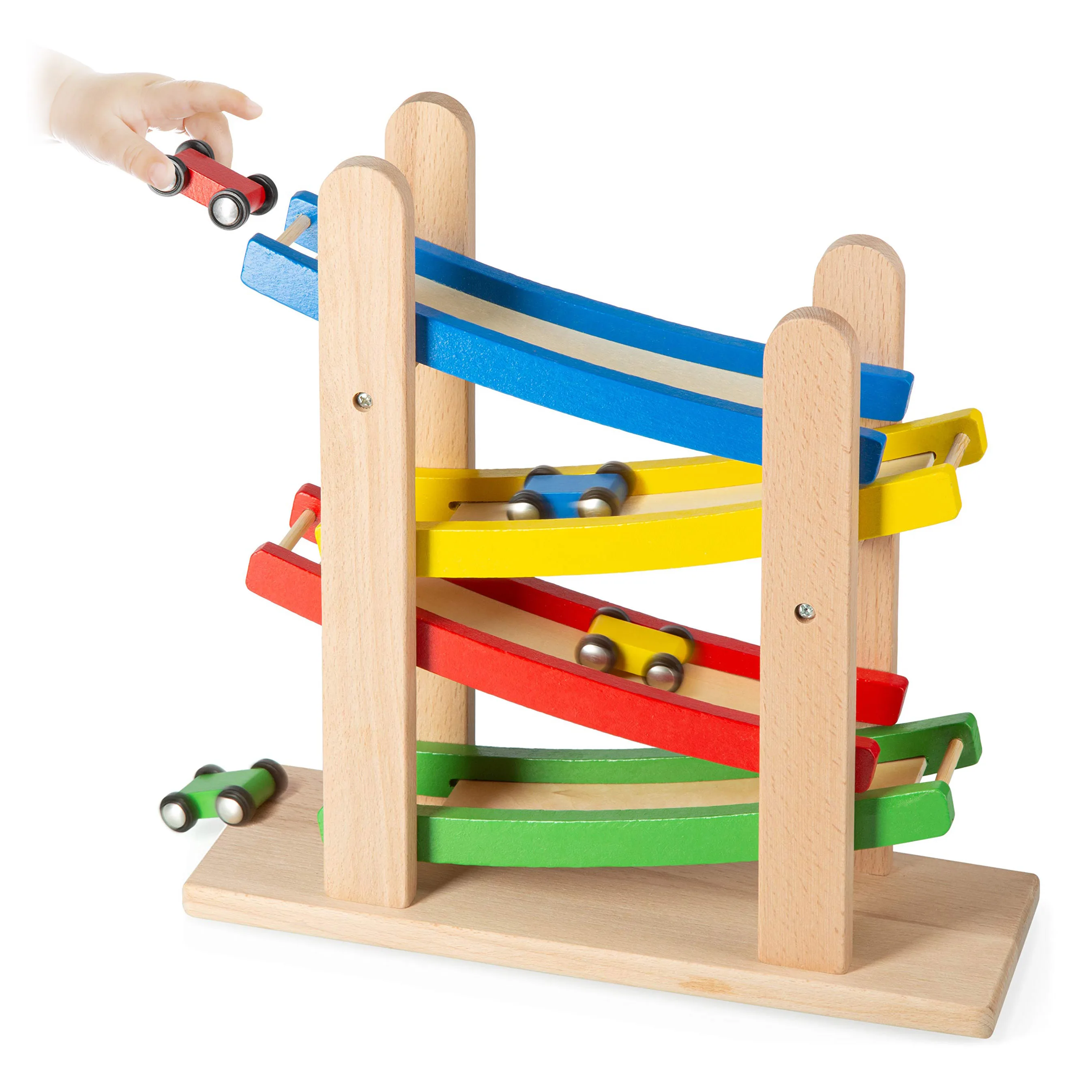 Wooden Car Ramps Race for Kids Toddler Ramp Racer Set with 4 Mini Cars Wooden Race Track Car Montessori Toy for 1-3 Years