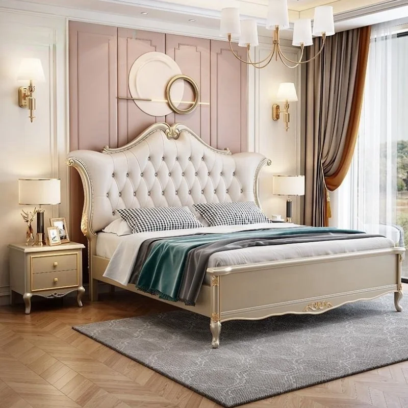 European Style Bed Master Bedroom Leather French Luxury Solid Wood Bed Frame King Size Wedding Bed For Home Hotel Furniture