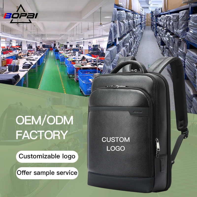 BOPAI wholesale custom printed logo premium office luxury anti theft for men 15.6 inch laptop with usb genuine leather backpacks