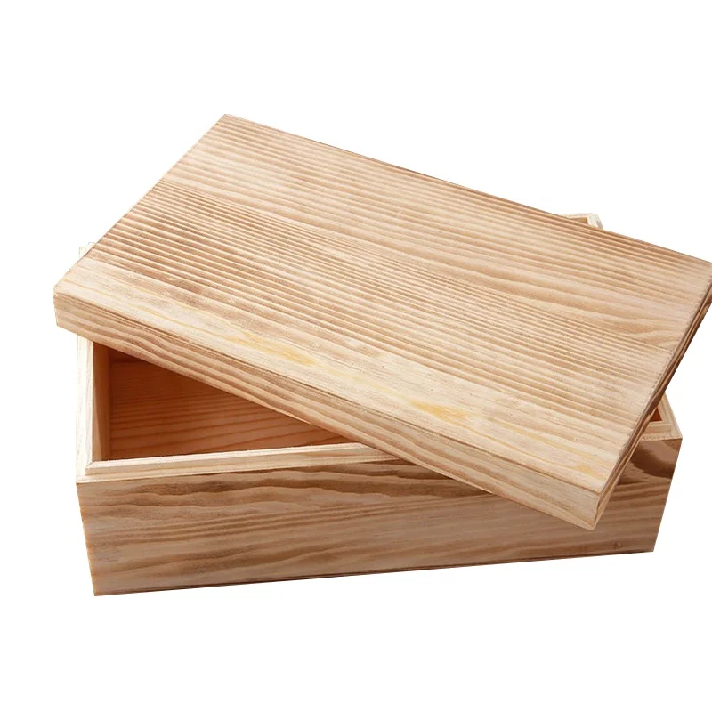 Custom Logo Cheap Wooden Box Hinge Lid Solid Pine Wood Keepsake Gift Boxes Wood Storage Box