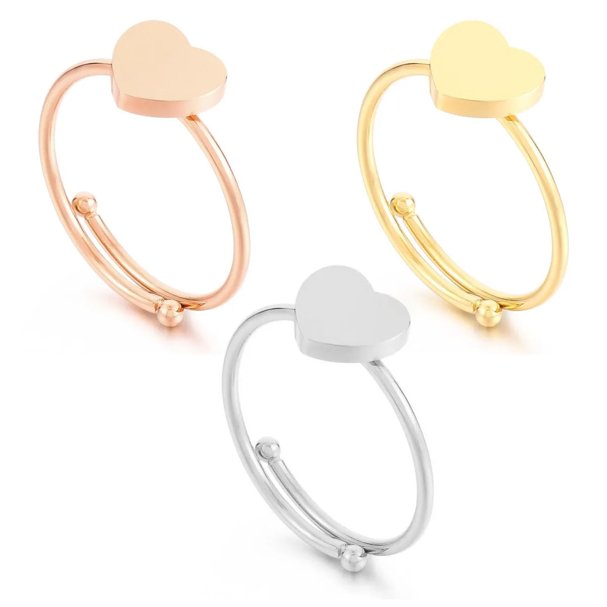 Personalized Blank Adjustable Heart Ring 18k Gold Plated Stainless Steel Custom Logo Signet Ring for Women