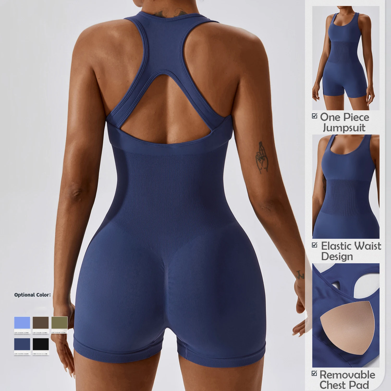 2023 Custom one piece yoga jumpsuit seamless bodycon for women workout ribbed shorts rompers sleeveless activewear jumpsuit