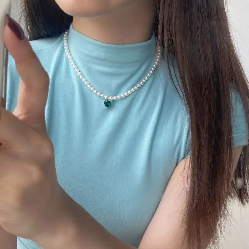 Luxury Bohemian Baroque Choker S925 Silver Cz Pink Emerald Necklace Fresh Water Pearl Bead Necklaces Zirconia Pendant Jewelry