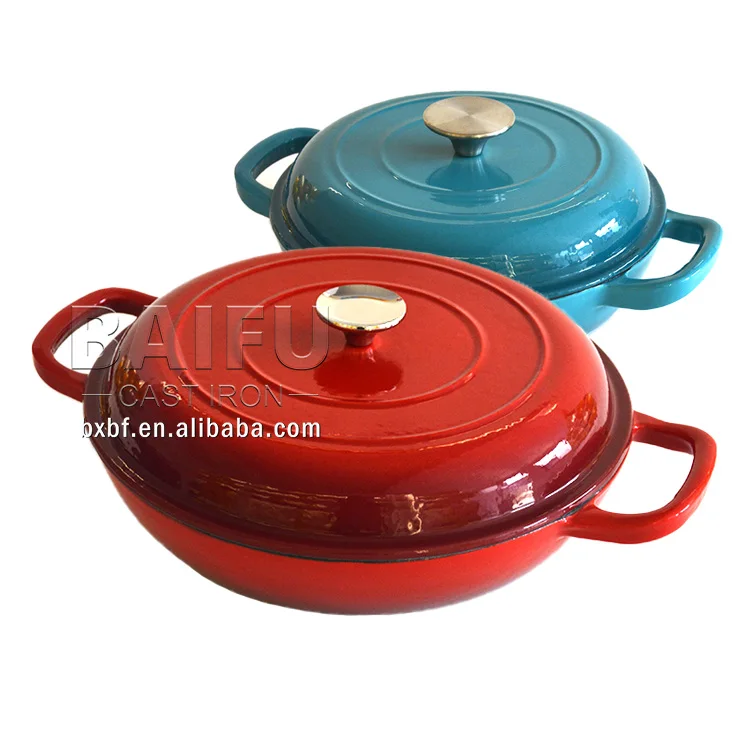 Cast Iron Shallow Pot with Lid, Ovenproof Enamelled Casserole Pot, Sturdy Cast Iron Dutch Oven Cookware Red/Blue/Purple