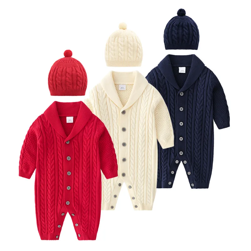 single breasted winter 100% cotton coverall cable knit sweater jumpsuit baby boy shawl neck newborn romper