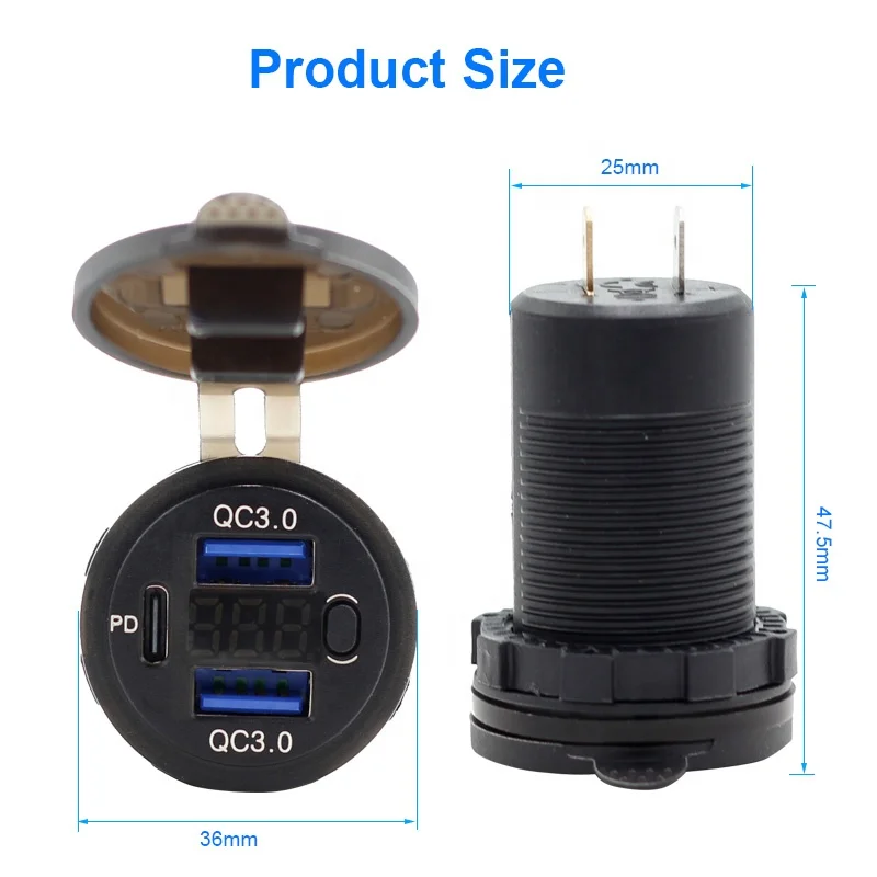 Dual USB QC 3.0 Port 20W PD Type C Car Charger Socket with Voltmeter and Power Switch for Bus RV