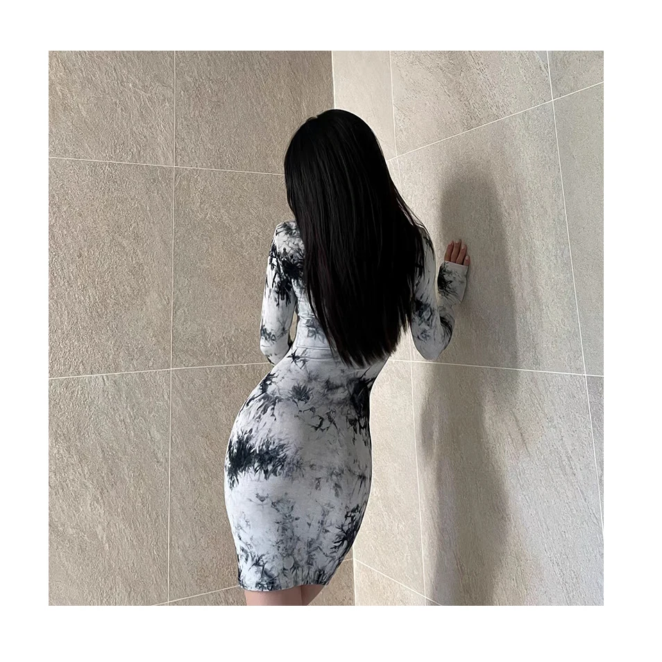 
Tie-dye dress female spring new style tight buttocks sexy bodycon waist retro dress European and American Ins 