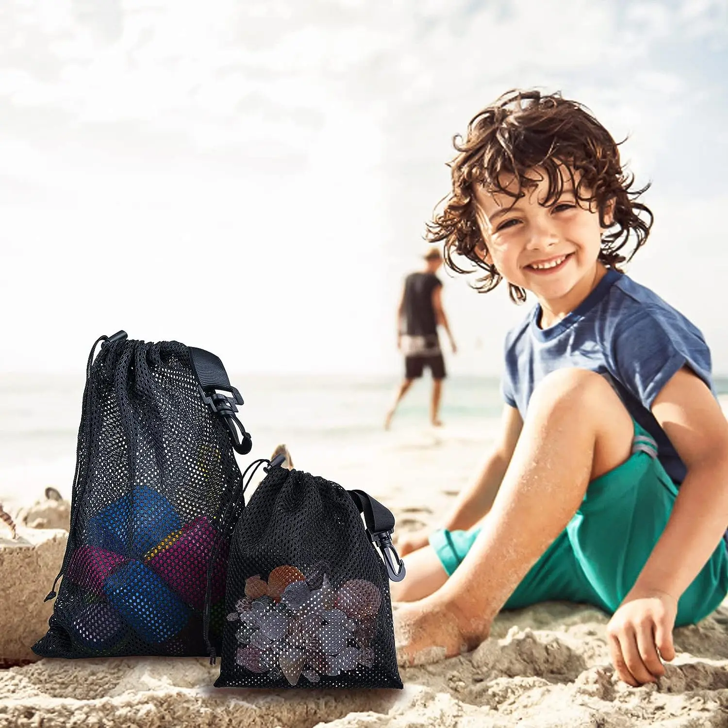 Strong Mesh Bag with Clips Nylon Drawstring  Bag with Cord Lock for Laundry Swimming Collecting Toys Sports Gym Beach Travel