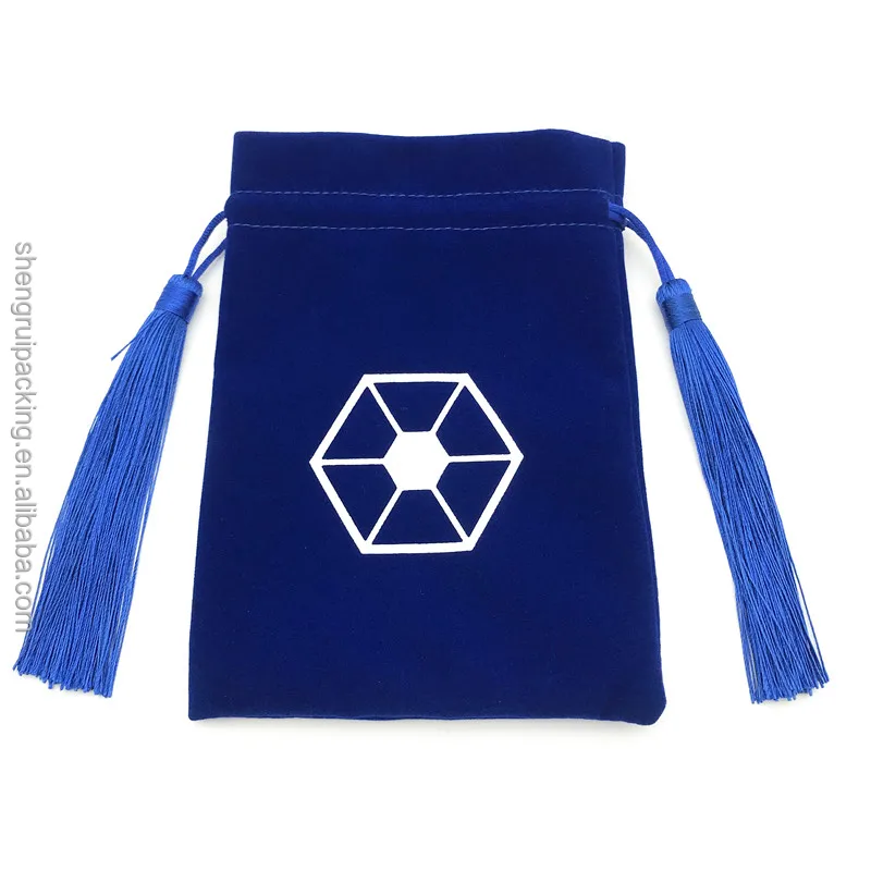 Blue Velvet Bag With Tassel Drawstring Velvet Storage Bag for Dice Velvet Mirror Cosmetic Pouch