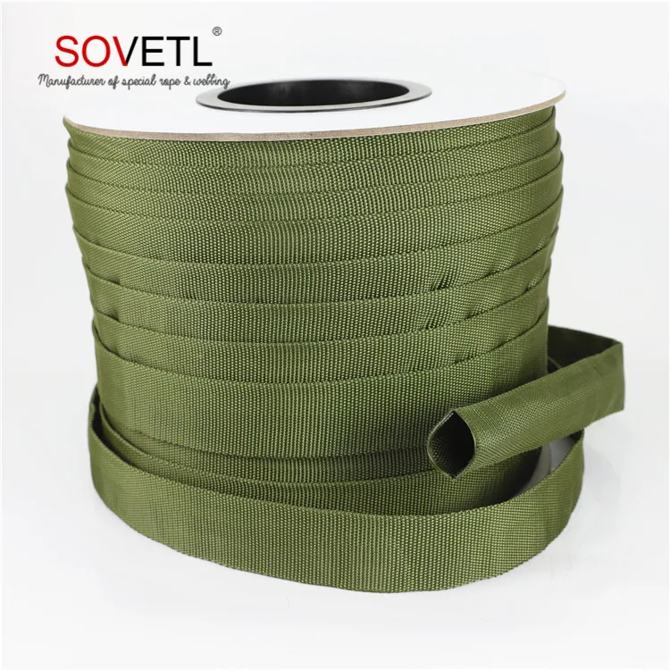 Green Double Layer Woven Aramid Tubular Webbing Hollow Sleeve Fire proof  Heat Insulation Aramid Sleeve