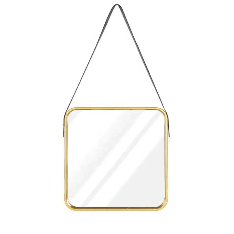 Home decoration Gold Square Frame Wall Hanging Mirror With Leather Bathroom Decorative Dressing Mirror