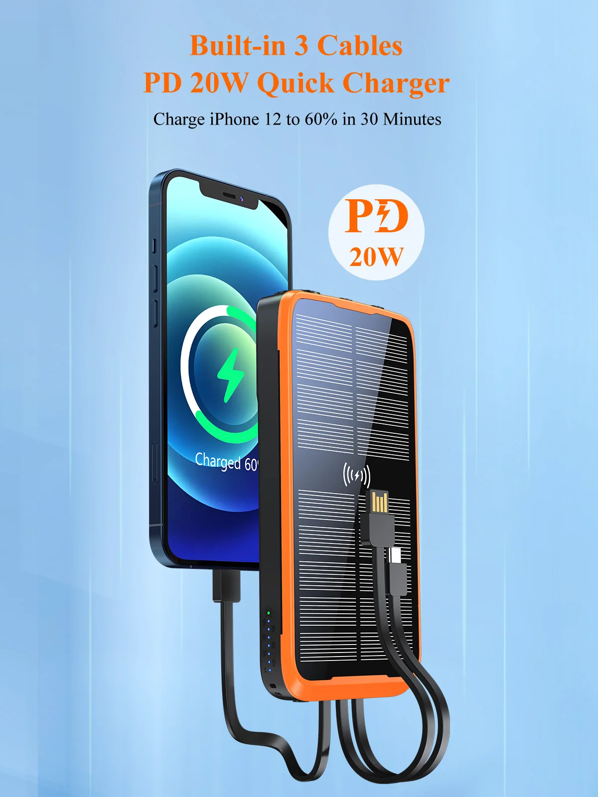 Shengyi Built -in 3 In 1 Cable PD25W Fast Charger Travel Solar Powerbank 20000Mah 30000Mah Led Energy Power