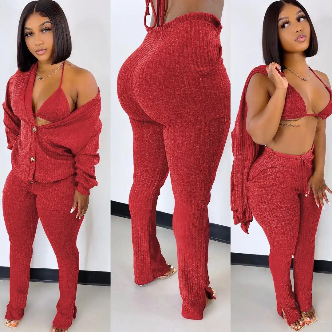 2021 New Arrivals Women Winter Sweater Coat Long Cardigans Sets 3 Piece Set