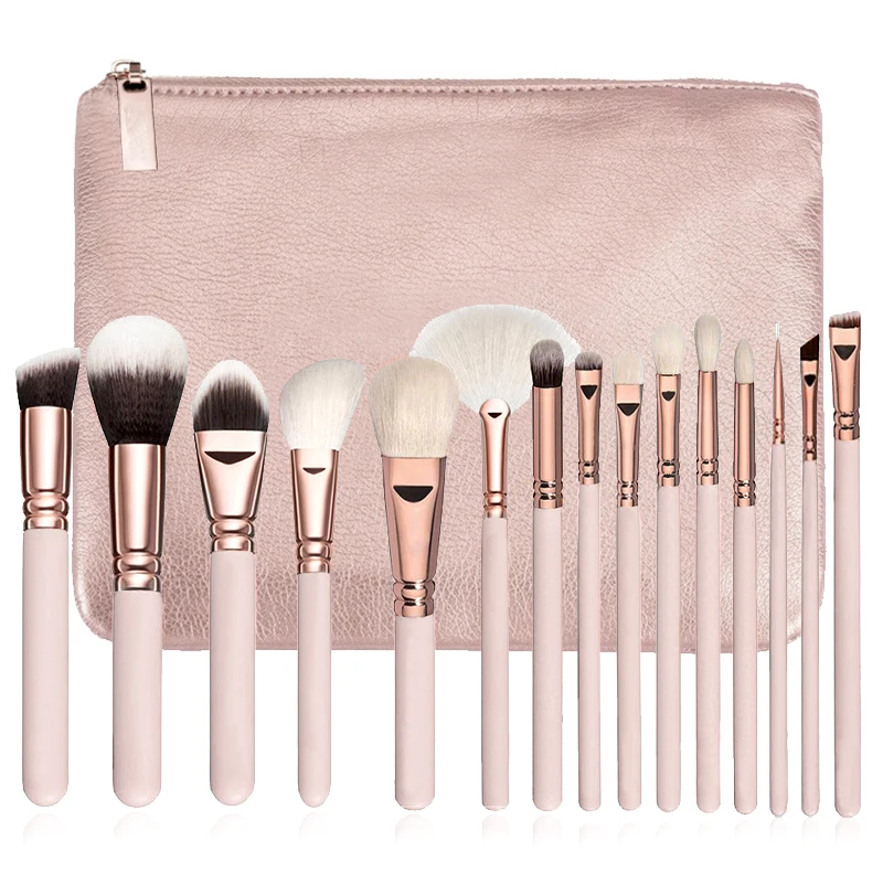 LOW MOQ Customized 15pcs Rose Gold Pink Private Label Vegan Make Up Tools Powder Foundation Eyes Brush Makeup Brush Set with bag