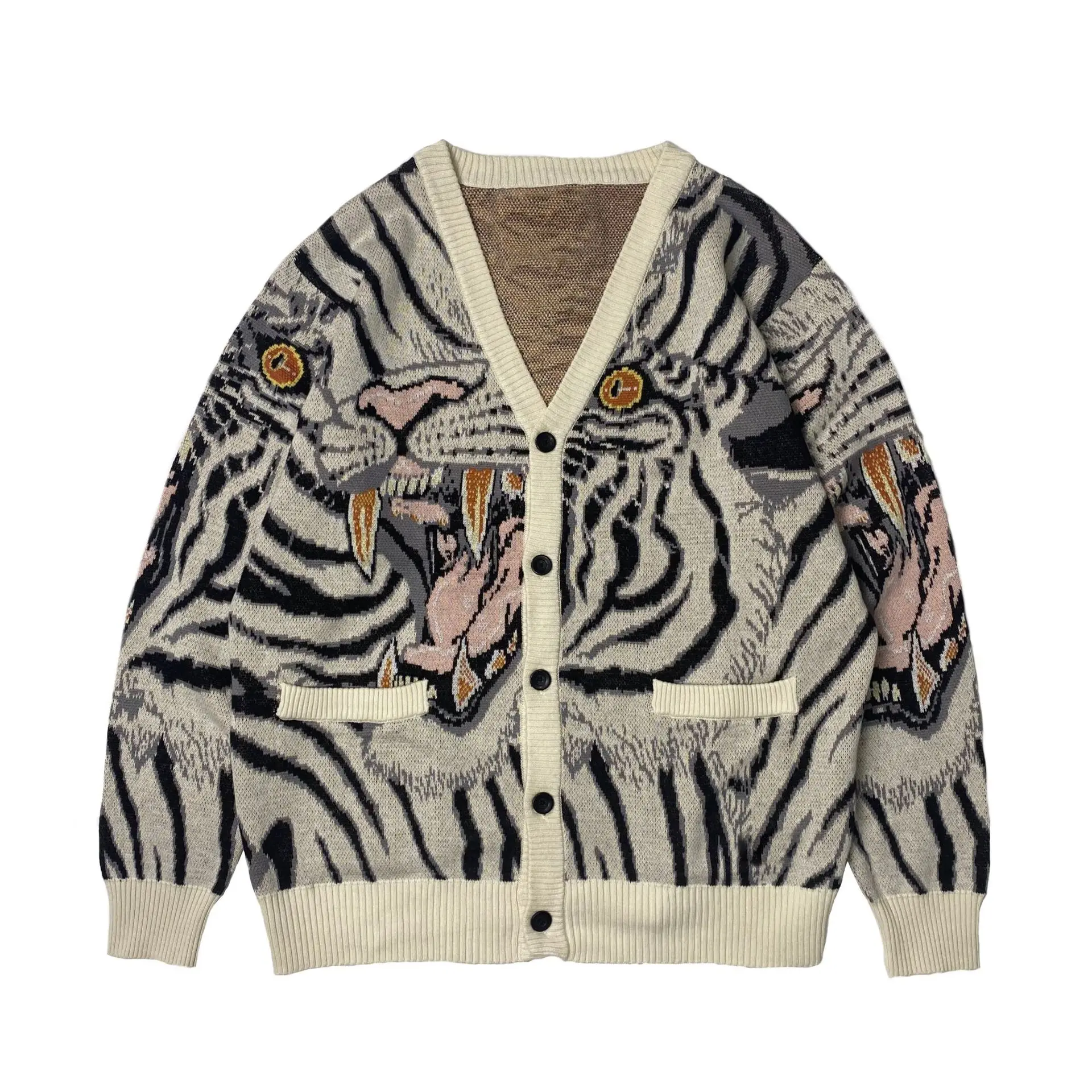 Vintage jacquard tiger totem knitted V-neck Japanese sweater Knitted cardigan jacket