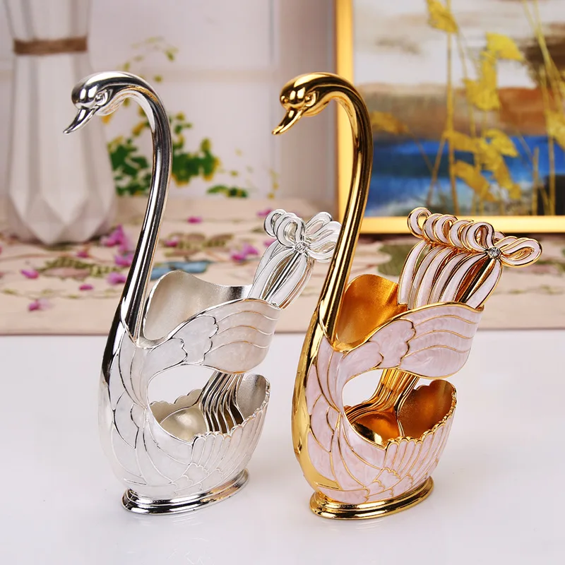 New Arrival Zinc Alloy Swan Base Fruit Forks Spoon Holder Set Salad Dessert Forks Coffee Spoon Stand Set