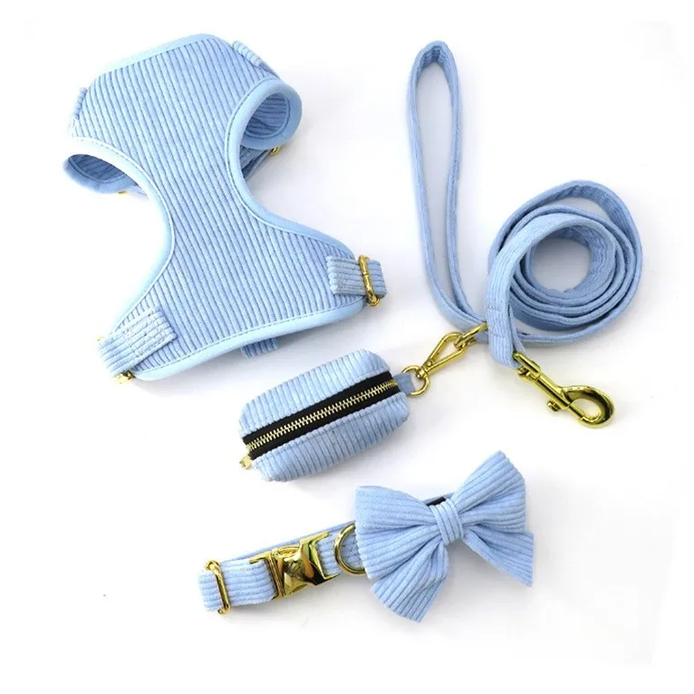 Dog traction rope chest strap collar bow toilet bag five piece corduroy pet set