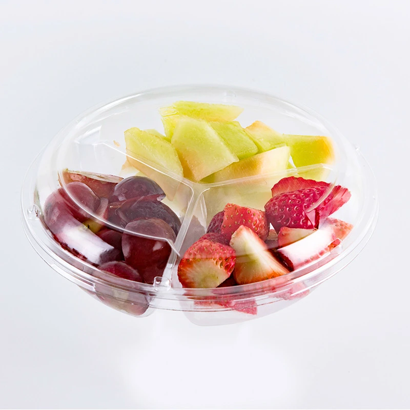 3 Separates Blister Disposable Round Plastic Fruit Salad Box take away PET packaging Food Container