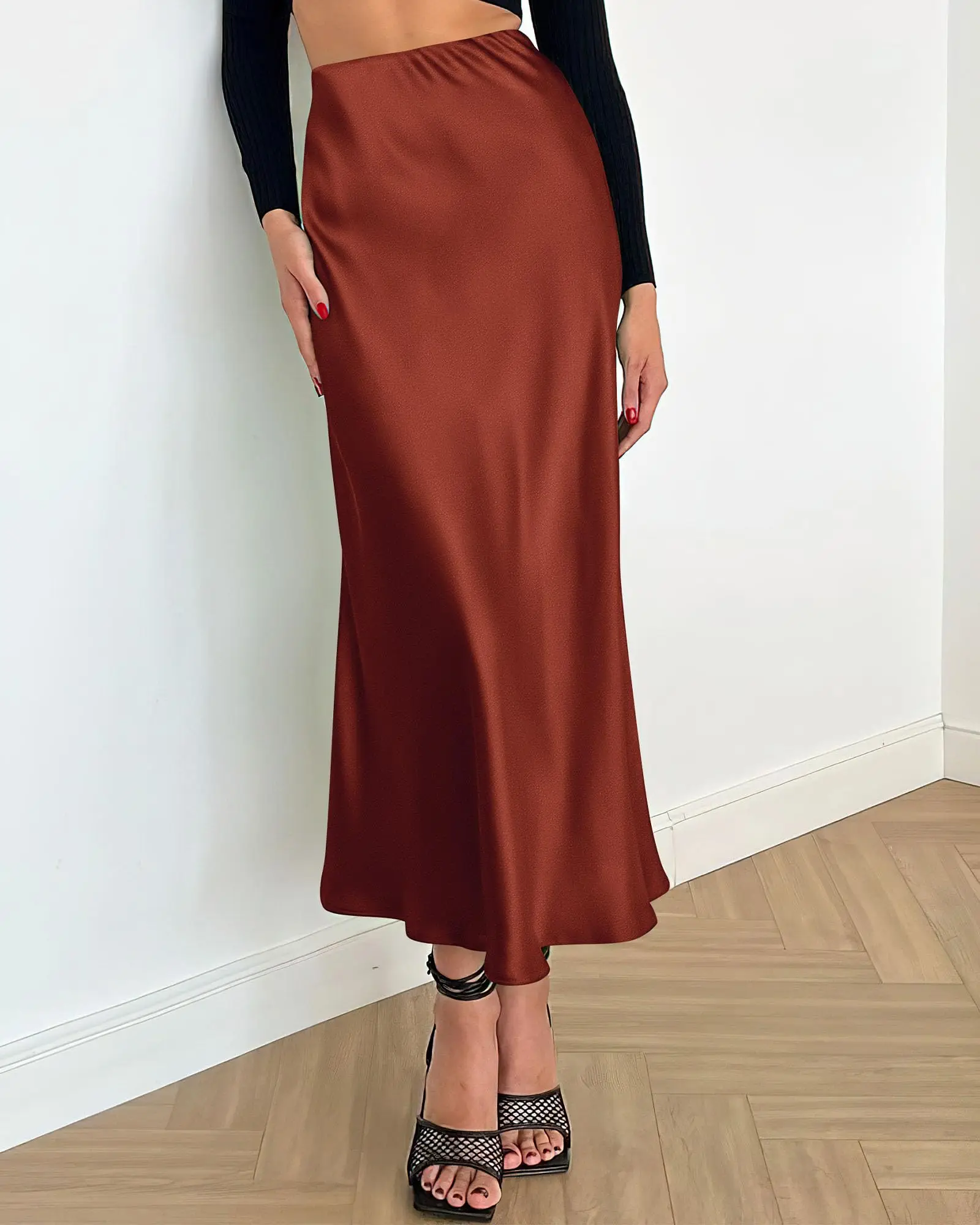 New 2024 Summer women skirts Women Satin Skirt Elastic High Waist Solid Split Midi length Skirt