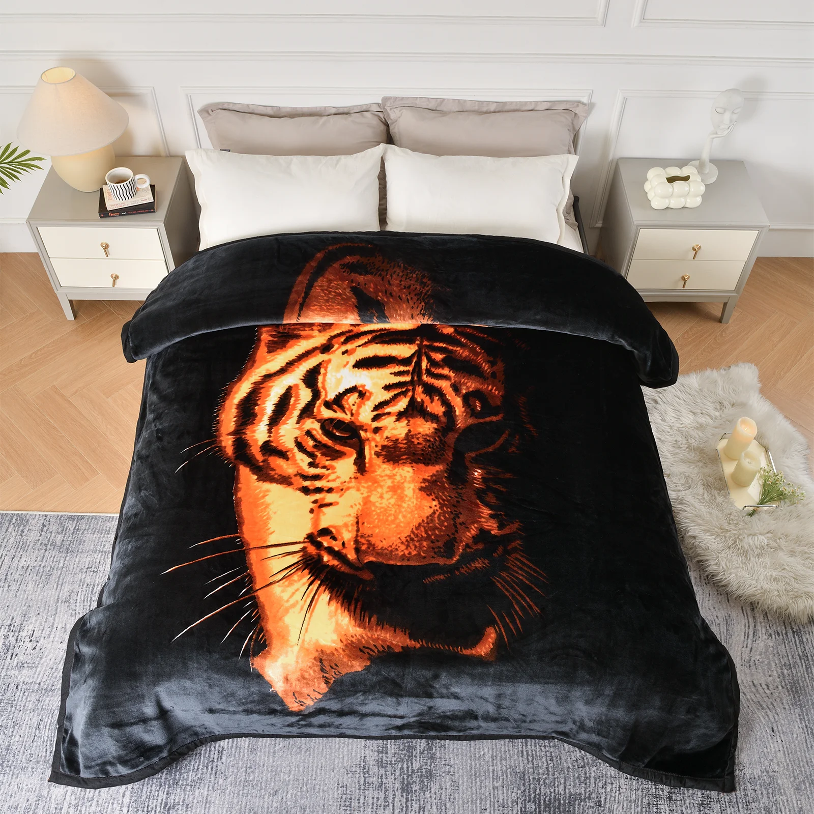 Wholesale tiger pattern weighted Cloud Blanket,Super Soft korean faux mink blankets throws,1Ply Thick Raschel Blanket for Bed