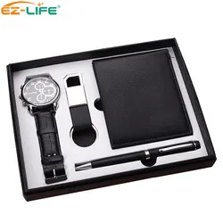 2021 New Design Premium Business Gift Set Pen  Promotion father gifts with Black Watch Keychain Wallet and Pen for father man
