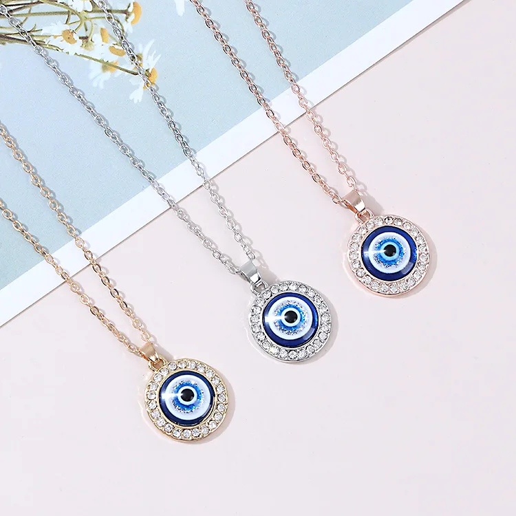Gold Silver Rose Gold Plated Custom Logo Rhinestone Round Turkish Blue Eye Dainty Necklace
