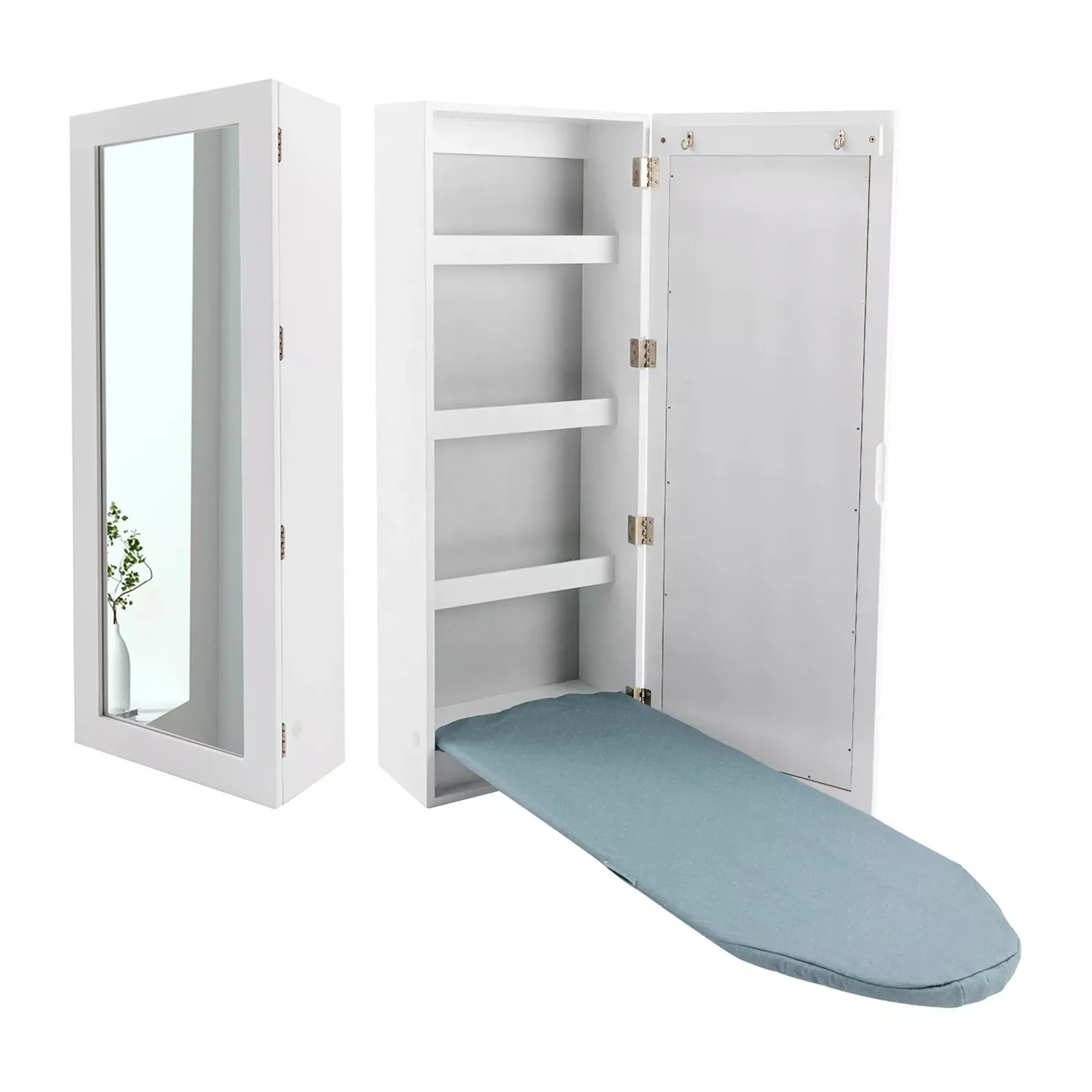 foldable space saving folding hidden wall mount Built-in foldable ironing boards cabinet with rectangular mirror and storage