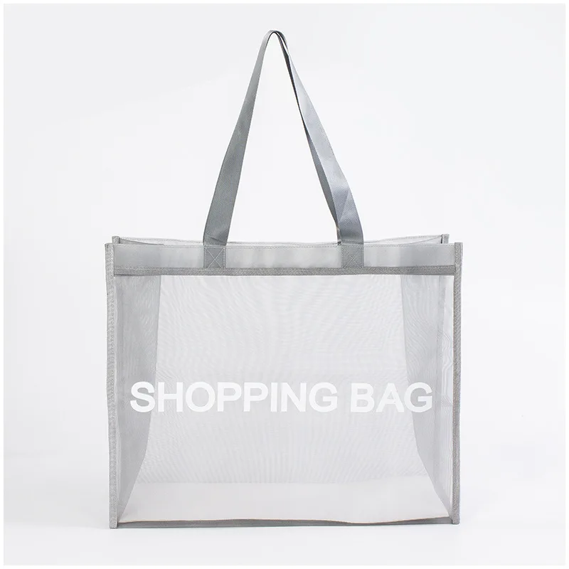 Wholesale Portable Letter Print Breathable Transparent Beach Bag Supermarket Mall Nylon Mesh Shopping Bag